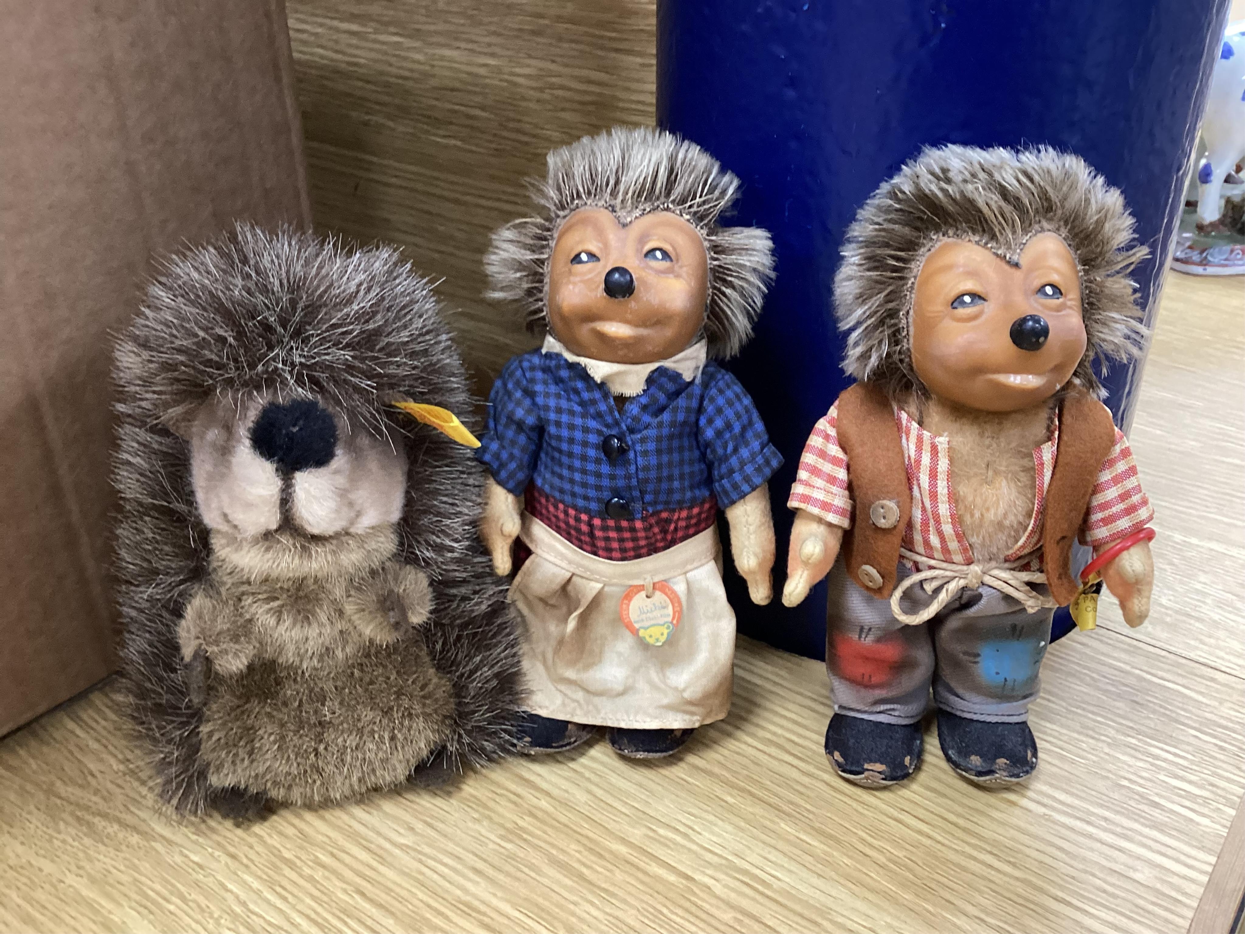 Three 1950s Steiff hedgehogs; a Mecki and Micki pair, 18cm high, together with another Joggi example, all with labels (3)